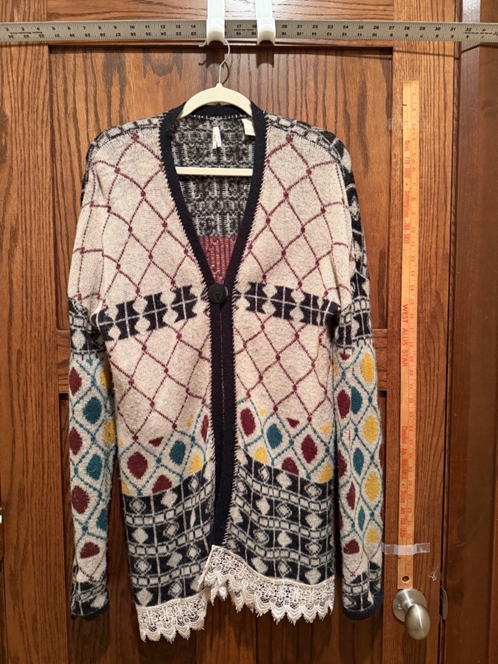 BKE Cream Cardigan with Navy Trim and Multicolor Motifs